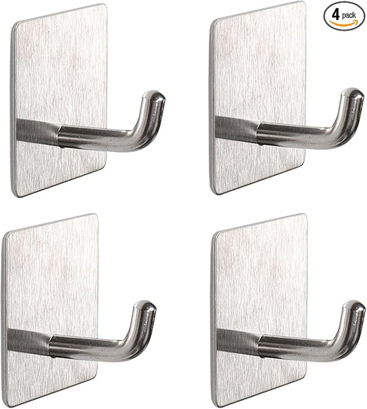 Bath Towel Hooks - 4 Pack Strong Self Adhesive Coat/Clothes Hooks, No Drilling Sticky Hooks, Heavy Duty 304 Stainless Steel Shower Wall Hook for Bathroom Kitchen Bedroom(Brushed Nickel)