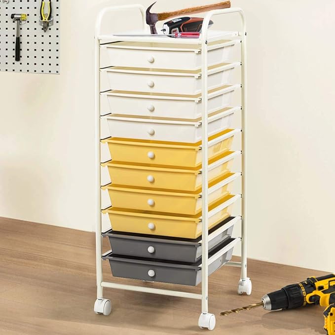 Giantex 10 Drawer Rolling Storage Cart Scrapbook Paper Office School Organizer (Beige+Yellow+Grey)