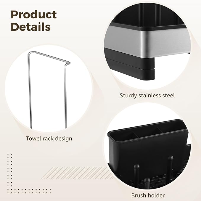Kitchen Sink Organizer with Drain Tray, Stainless Steel and Plastic Sink Caddy, Adjustable Divider and Towel Rack, Includes Brush Holder and Non-Slip Base, Perfect for Kitchen Cleaning Tools