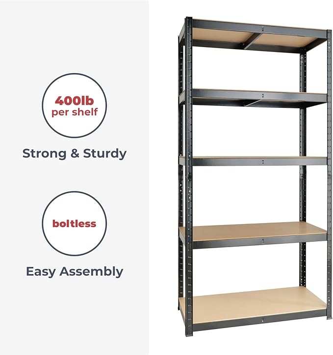 59 x 30 x 12 inches, Black 5 Tier (200LB Per Shelf), 2000LB Capacity Garage Shed Storage Shelving Units, 5 Year Warranty