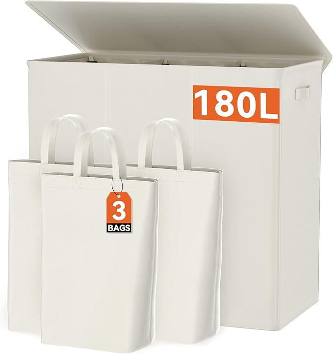 WOWLIVE 180L Laundry Hamper with Lid 3 Section,Large Laundry Basket with Removable Bags and Handles,Collapsible Dirty Clothes Hampers for Laundry,Laundry Basket Organizer for Laundry Room,Dorm,Beige-NeatNest