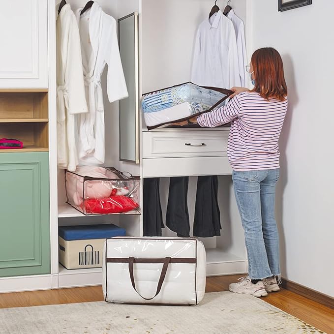 Clear Zippered Storage Bags (3-Pack) Closet Organizer Vinyl Bag for Bedding, Linen, Blankets, Duvet Covers, Comforters, Clothes, Toys | Multi Purpose & Space Saver PVC Organizers, 55 L, Brown-NeatNest