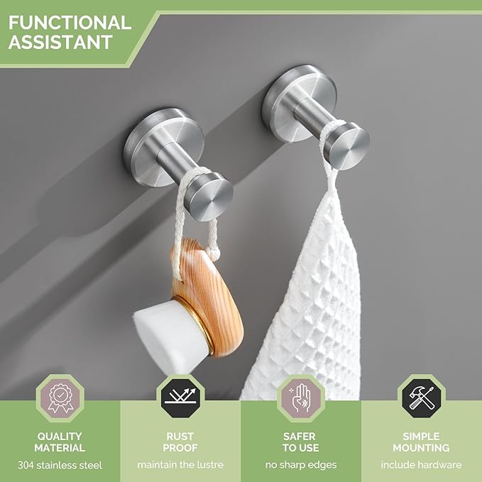 Angle Simple Bathroom Towel Hook 2 Pack, SUS304 Stainless Steel Bathrobe Coat Clothes Holder for Kitchen Cabinet Closet, Heavy Duty Wall Hook, Brushed Nickel