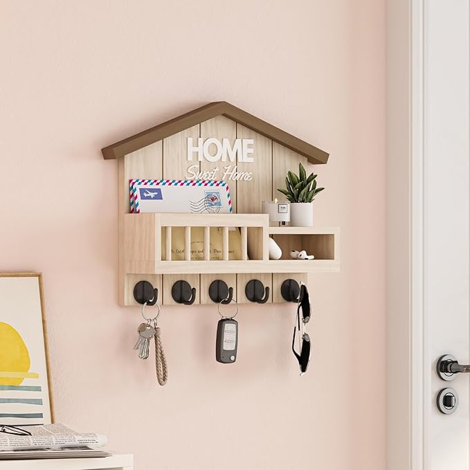 Key and Mail Holder for Wall, Wall Key Holder with Shelf, Home Key Holder for Wall, Wood Key Holder Wall Mount, Mail Organizer Wall Mounted, Entryway & Front Door Key Holder with 5 Hooks(White)