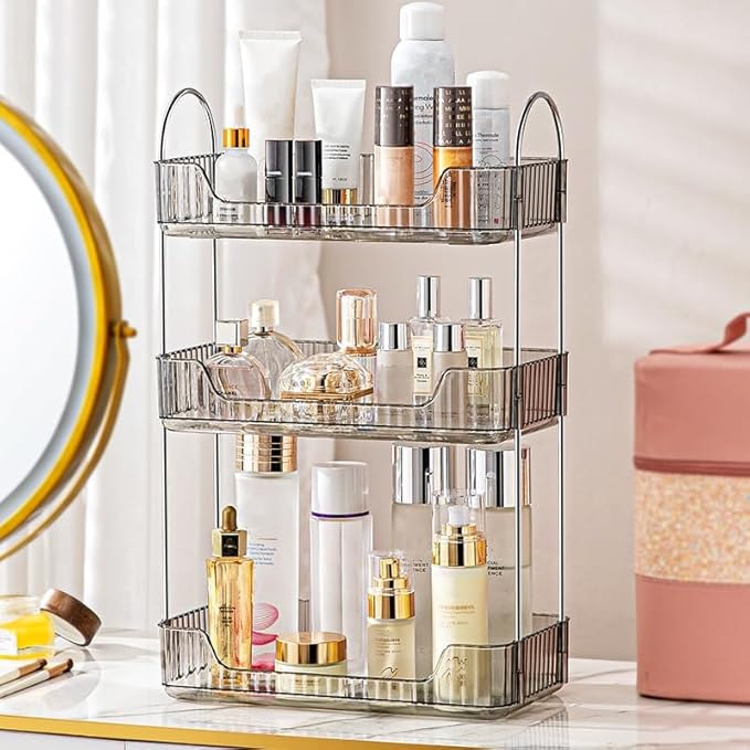 Bathroom Organizer Countertop, Vanity Trays for Bathroom, Skincare Makeup Organizer Tray, Vanity Organizer, Bathroom Counter Organizer for Cosmetics, Toiletries, Lotions, Perfumes (3 Tiers, Grey)-NeatNest