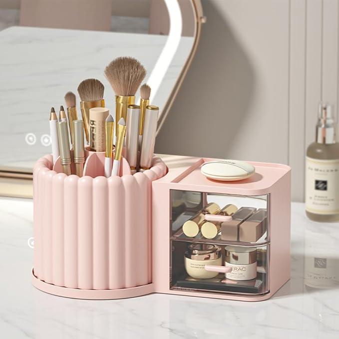 Makeup Organizer Countertop,360 Rotating Makeup Brush Holder With 2 Drawers,Small Preppy Organizer |9.25x5.11inch|Pink-NeatNest