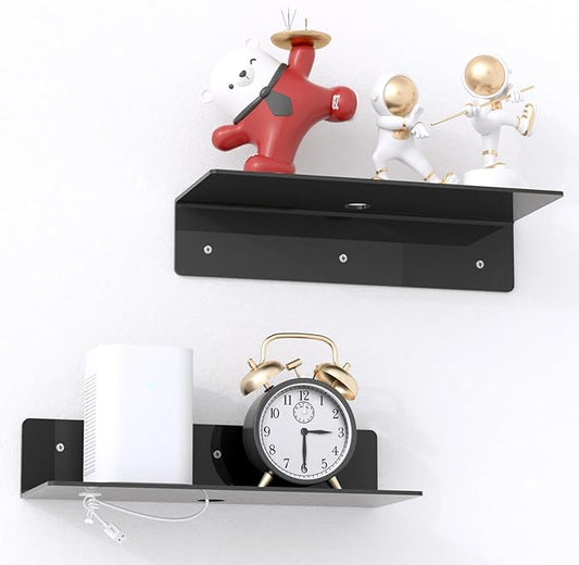 12" Black Acrylic Floating Shelves, 2 Pack with Cable Clips, Small Floating Shelf for Expand Wall Display Space for Living Room, Bathroom, Gaming Room, Dorm Wall Decor-NeatNest