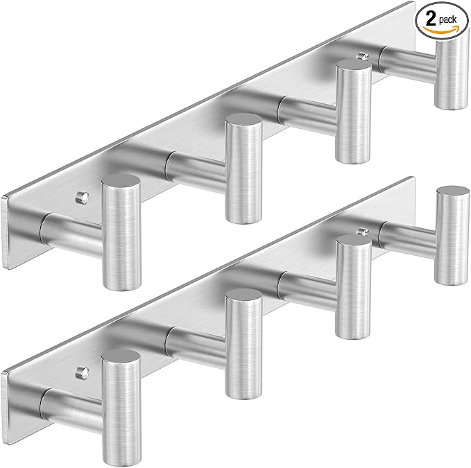 HUFEEOH 2 Pack Coat Rack Wall Mount, Stainless Steel T Shaped 4 Hooks Coat Hooks for Bathroom, Heavy Duty Wall Hooks Towel Hooks for Hanging, Silver Towel Rack Purse Hanger for Mudroom Entryway