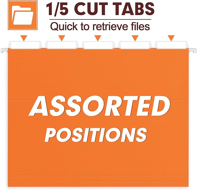 HERKKA Hanging File Folders, 30 Pack Reinforced Letter Size Hanging Folders, Designed for Bulky Files, Filing Cabinet, 1/5-Cut Adjustable Tabs (Orange)