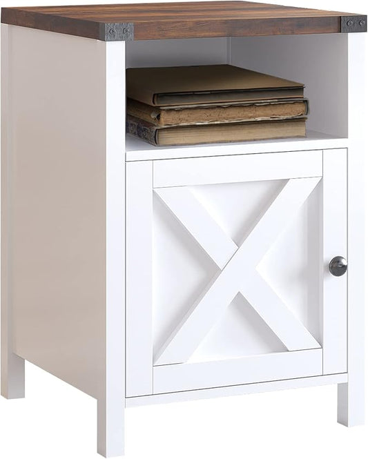 Farmhouse Nightstand, Side Table, End Table with Barn Door and Shelf, Modern Bed Side Table End Table, Rustic Nightstands Set for Bedroom, Living Room, White