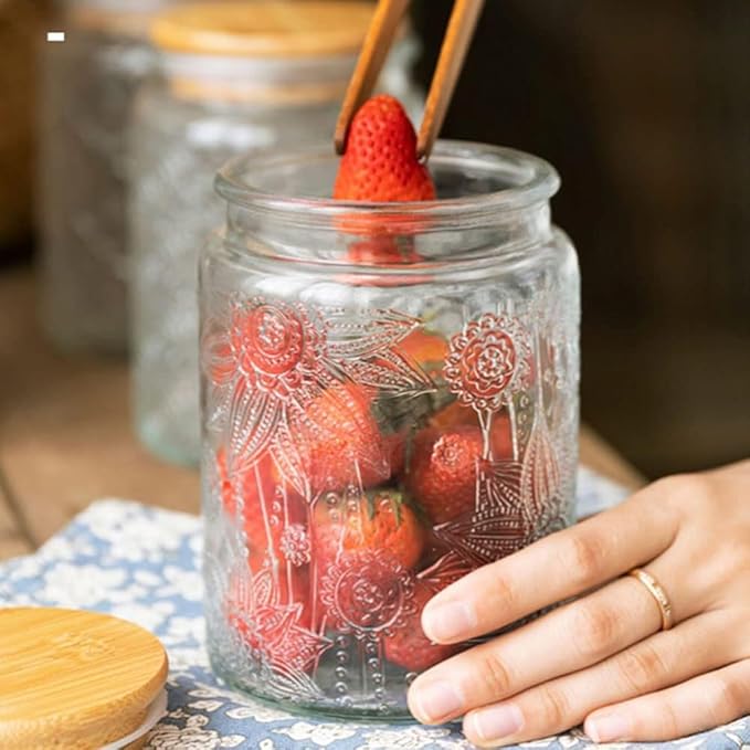 2 Pack Glass Storage Jar with Bamboo Lid, 23.7 FL Oz Kitchen Glass Food Storage Containers for Candy, Coffee Tea Beans, Oats,Flour, Grains