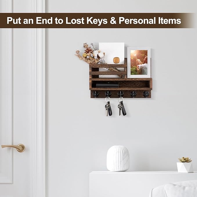 Key and Mail Holder Wall Mount, Key Hanger with Long Storage Box and 5 Hooks for Coat, Dog Leash, Home Decor Rack, House Accessories, Entry Way Organizer 11.8”W x 7.8”H x 3.2”D