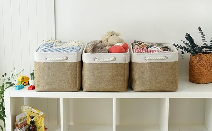 TheWarmHome Organization and Storage Basket for Gifts Empty - 16x12x12 inch Cube Storage bin 3 Pack Fabric Storage Cubes, Collapsible Baskets for Organizer Closet Cloth Gift Toy (White & Khaki)-NeatNest