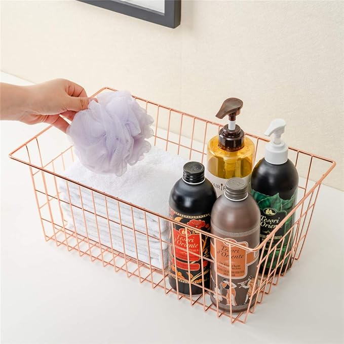 SANNO Wire Storage Basket, Farmhouse Pantre Freezer Baskets bins Metal Baskets Kitchen Storage Organizer Bin for Pantry, Shelf, Freezer, Kitchen Cabinet, Bathroom, Rose Gold
