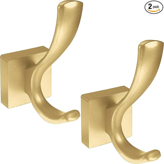 2 Pack Towel Holder for Bathroom Wall Hooks, Shower Bath Towel Rack Holder, Robe Hook Heavy Duty Coat Hooks Entryway Wall Mounted for Hanging Key Robe Hat Backpack (Golden)