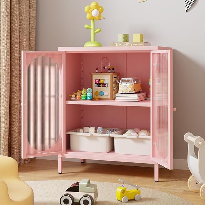 2 Doors Locker Metal Storage Cabinet, Buffet Cabinet with Glass Doors, Freestanding Metal Sideboard for Small Spaces, Living Room, Dining Room, Entryway (Buffet Cabinet, Pink)