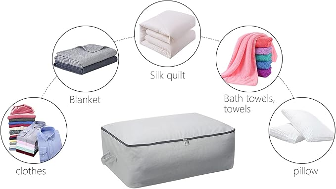 2PCS Durable Cotton Canvas, Soft Space Save Storage Bag Wardrobe Organizer with Handle & Zipper for Beddings, Comforters, Pillows, Blankets, Clothes, 25.6×18.5×8.7inch, Light Gray-NeatNest