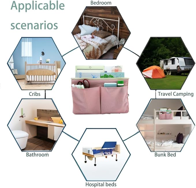 2-Pack Bedside Caddy Bedside Hanging Storage Basket Multi-Function Organizer Caddy for Bunk and Hospital Beds Dorm Rooms Bed Rails, Can be Placed Glasses Books Mobile Phones（2 pcs pink）-NeatNest