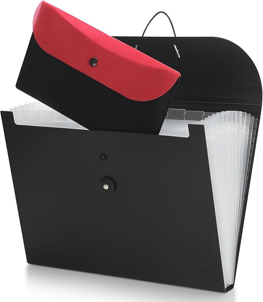 Uquelic Accordion File Organizer, Expanding File Folder with Detachable Pouch, File Folder Organizer Holds A4 Documents, Receipt, Tie-Closure Accordion Folder for Office, School, Travel(Red)