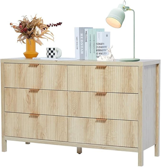 6 Drawer Dresser Cabinet, Long Nightstand with Drawers and Storage Cabinet, Boho Solid Wood Dresser TV Stand, Mid Century Modern Nightstand with 6 Drawer Dresser for Bedroom Closet (Natural)