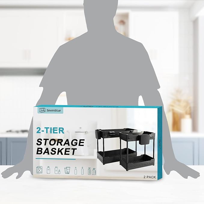 4 Pack Under Sink Organizer, Under Bathroom Cabinet Organizer with Hooks Hanging Cup, Multi-Purpose Storage Shelf for Kitchen Bathroom, Black-NeatNest