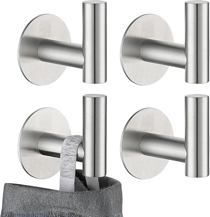 JQK Self Adhesive Towel Hook Brushed, No Drill Stick on Coat Robe Clothes Wall Hook for Bathroom Kitchen Garage 4 Pack, 304 Stainless Steel Brushed Steel, ATH110-BN-P4