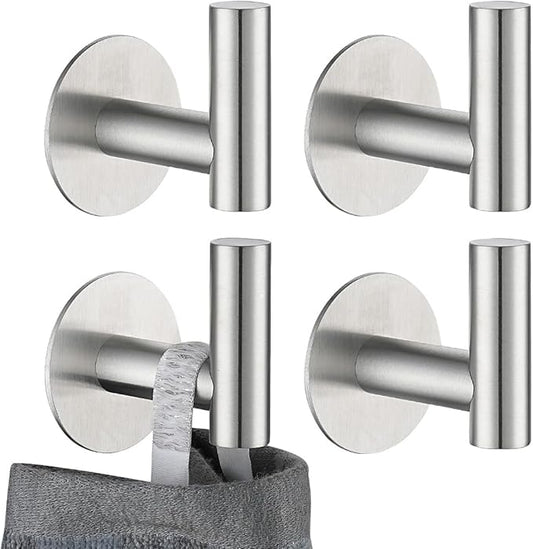 JQK Self Adhesive Towel Hook Brushed, No Drill Stick on Coat Robe Clothes Wall Hook for Bathroom Kitchen Garage 4 Pack, 304 Stainless Steel Brushed Steel, ATH110-BN-P4