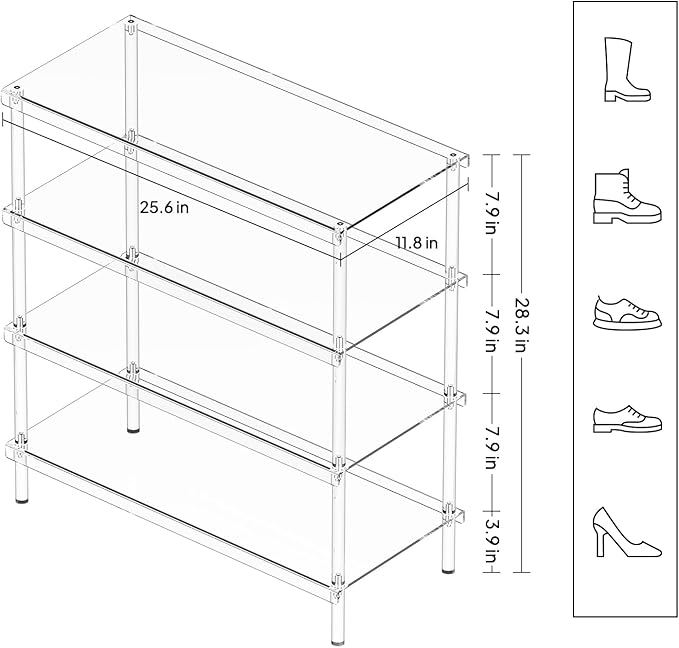 Aquiver 4-Tier Acrylic Shoe Rack - Shoe Rack Organizer - Modern Shoe Storage Shelf, Holds 12-16 Pairs of Shoes for Entryway, Closet - 25.6'' L x 11.8'' W x 28.3'' H, Clear, Easy Assembly & Clean-NeatNest