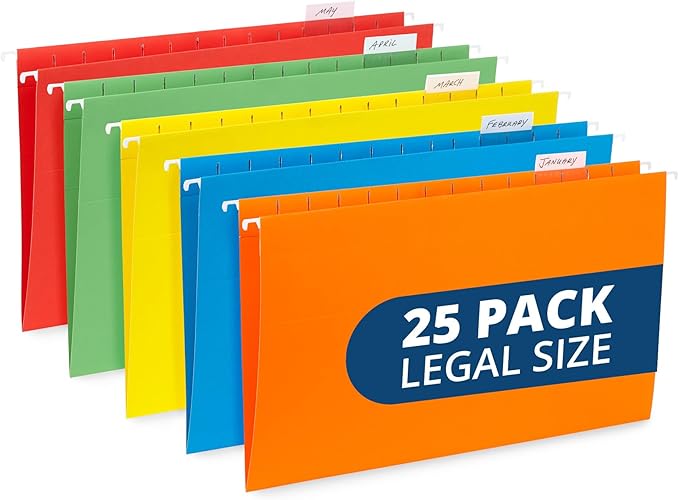 Blue Summit Legal Size Hanging File Folders, 25 Reinforced Hanging Files in Assorted Colors, Designed for Home and Office Color Coded File Organization, 25 per Box-NeatNest