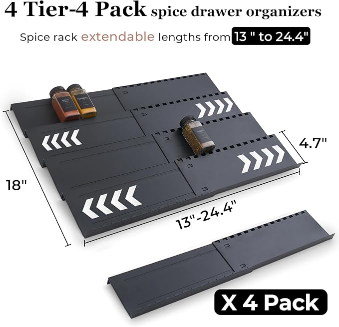4-Tier Spice Drawer Organizer - 4 Pack Expandable Seasoning Rack (13" to 24.4") for Kitchen Drawers, Organization Insert Tray (Jars Not Included)-NeatNest