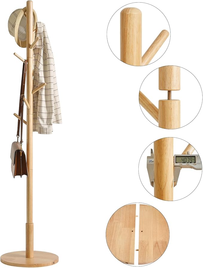 IBUYKE Coat Rack Stand, Freestanding Coat Tree with Solid Round Base and 8 Hooks, Easy Assembly Wooden Coat Hanger, Clothes Rack for Hallway Entryway, Living Room, Bedroom, Natural Color WD-115-NeatNest