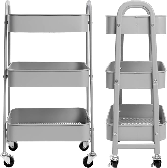 AGTEK Makeup Cart, Movable Rolling Organizer Cart, 3 Tier Metal Utility Cart, Grey-NeatNest