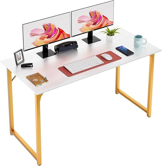 47 Inch Large Computer Desk for Bedroom，Sturdy Wooden Work Desk for Home Office，Simple Modern Style Tables with Metal Desk Legs Writing Study Table for Adults&Kids,White Gold