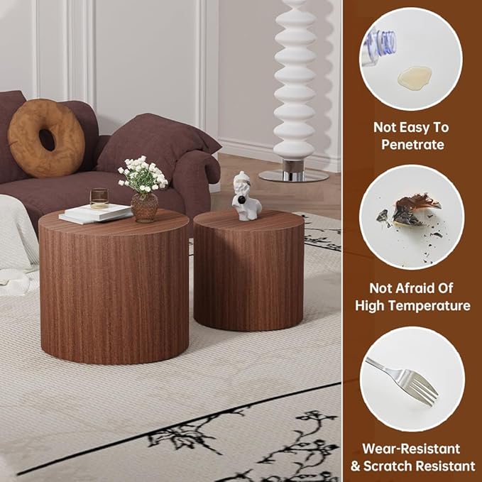 Round Nesting Coffee Table Set of 2 Modern Walnut Round Coffee Table Small End Table Side Table Circular Coffee Tables Circle Nested Coffee Tables for Living Room (Walnut)