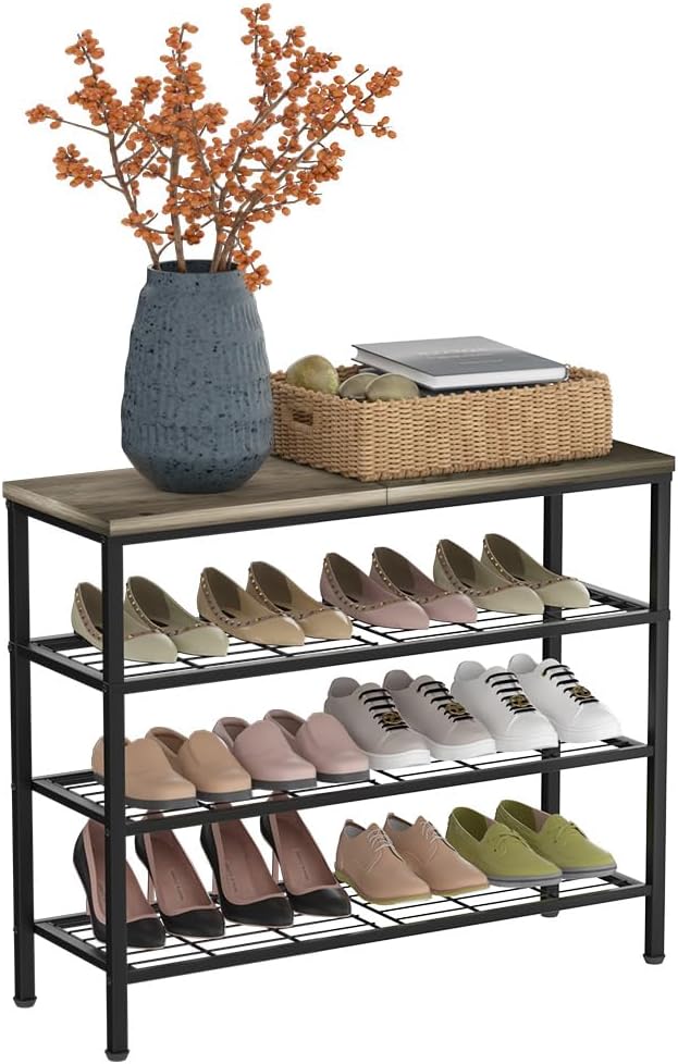 4-Tier Metal Shoe Rack with Wood Top - Durable & Space-Saving Shoe Organizer,Industrial Shoe Organizer Shelf Bench Storagefor Closet Entryway, Bedroom & Hallway - Gray + Black 28.5 W × 25.5" H-NeatNest