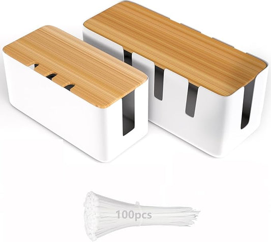 Cable Management Box-2 Pack Cable Organizer Box with 100PCS Cable Ties Set,Wood Lid,Cord Organizer for Desk,TV Wires,Computer USB Hub System to Cover and Hide & Power Strips & Cords for Home & Office