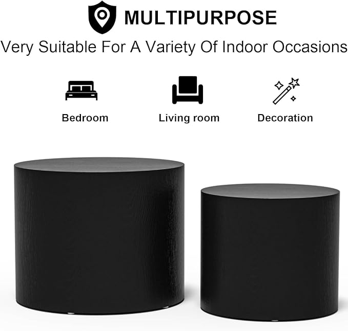 2-Piece Round Nesting Coffee Table, Circle End Table Wood Accent Table, Minimalist Side Table Set for Small Spaces, Living Room, Apartment(Black)
