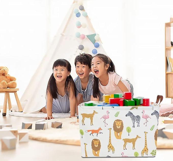 CLOCOR Rectangular Storage Basket,Collapsible Woodland Jungle Forest Printed Storage Bin,Rectangular Waterproof Gift Box with Handles,Playroom Decor(Jungle Animals)-NeatNest