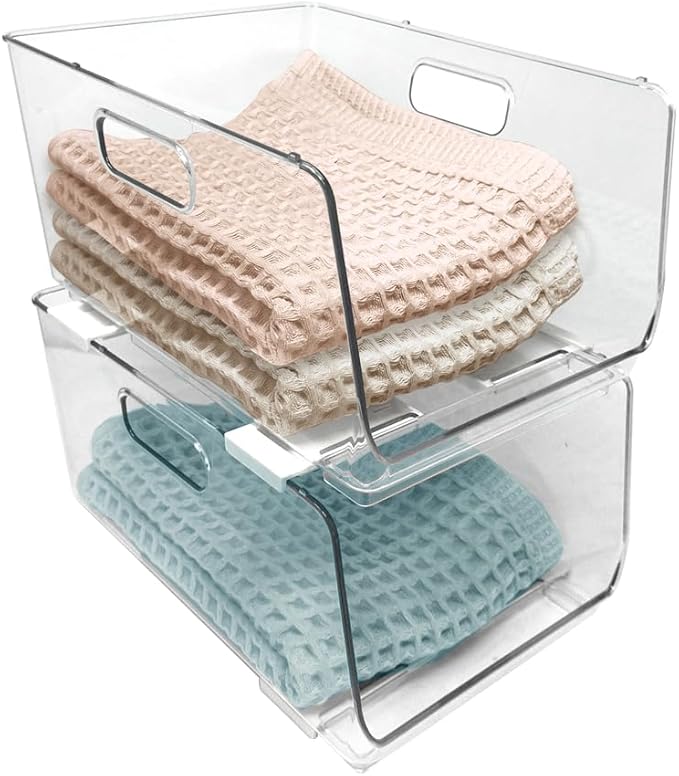 Isaac Jacobs 2-Piece (11.9" x 8.6" x 6.1") Large Deep Stackable Clear Storage Bins w/Open Front, Versatile Use, Set of 2, Desk, Office, Bathroom, Bedroom, Closet