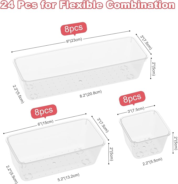 24 PCS Plastic Drawer Organizer Set, Sturdy 3-Size Makeup Vanity Desk Drawer Organizer Trays and Storage Bins for Cosmetics, Junk and Gadgets – Ideal for Bathroom, Bedroom, Office and Kitchen-NeatNest