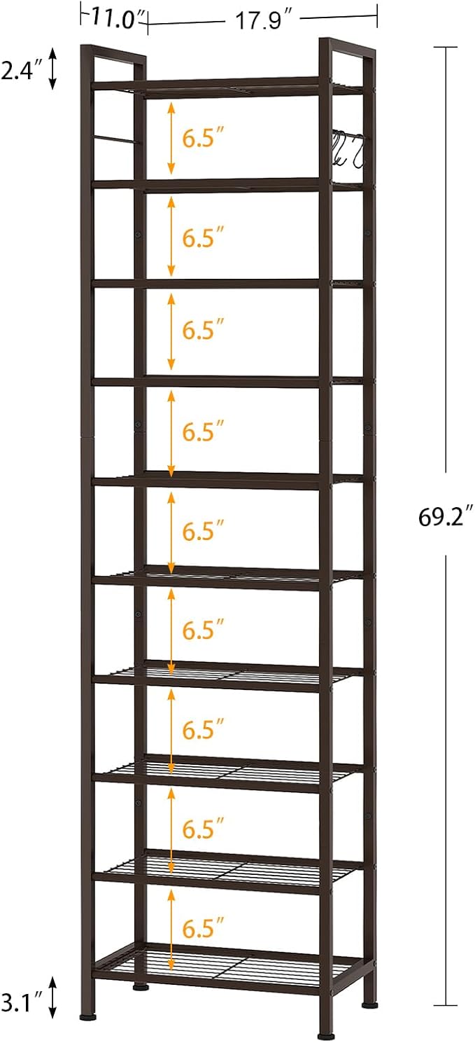 usikey 10 Tiers Narrow Shoe Rack 20-30 Pairs, Sturdy Metal Tall Shoe Rack Shelf with 4 Hooks, Slim Shoe Storage with Metal Shelf, Space Saving Vertical Shoe Organizer for Entryway, Closets,Bronze