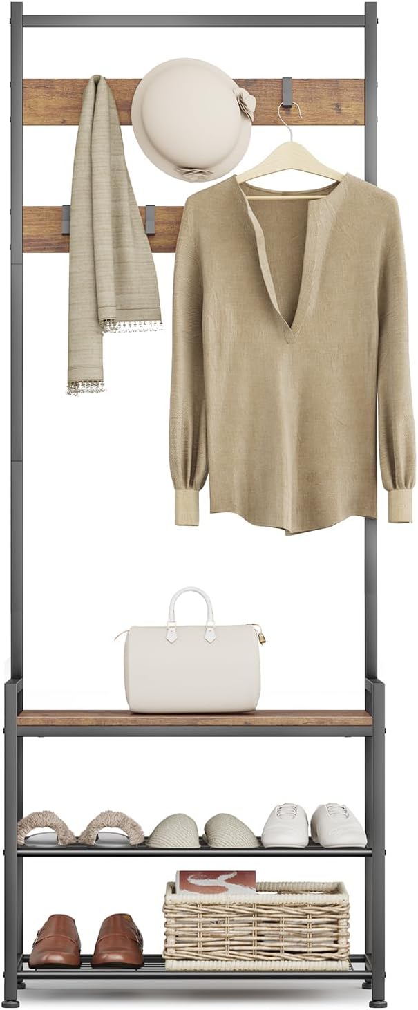 Coat Rack Hall Tree with Shoe Storage, Entryway Hall Tree Storage Bench, Wood Look Accent Furniture with Metal Frame, 3-in-1 Design, Rustic Brown-NeatNest