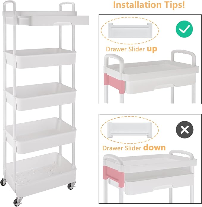 Calmootey 5-Tier Rolling Utility Cart with Drawer,Multifunctional Storage Organizer with Plastic Shelf & Metal Wheels,Storage Cart for Kitchen,Bathroom,Living Room,Office,White-NeatNest