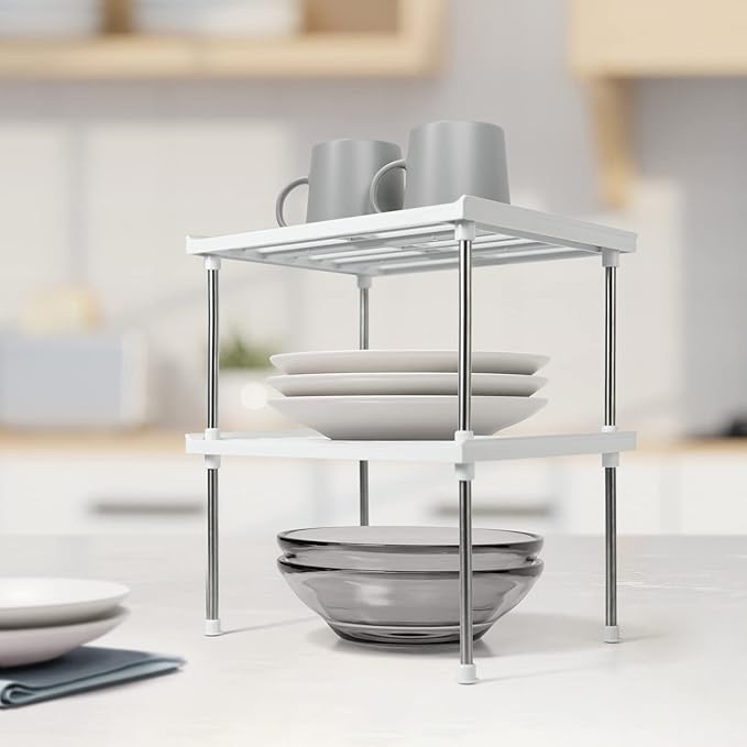 carrotez Kitchen Cabinet Organizer, Cabinet Shelves and Storage, Pantry Storage Shelf Organizer, Kitchen Counter Shelf, Cupboard, Under Sink, Stackable, Expandable, Set of 2, White-NeatNest