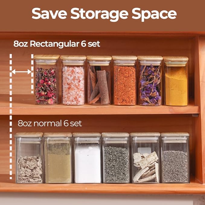 Comsaf Spice Jars with Label，8 oz Small Glass Jars with Lids, 6 Pcs Seasoning Containers, Rectangle Glass Containers with Lids, Empty Seasoning Jars for Pantry Storage, Loose Tea, Herbs, Powders, Salt-NeatNest