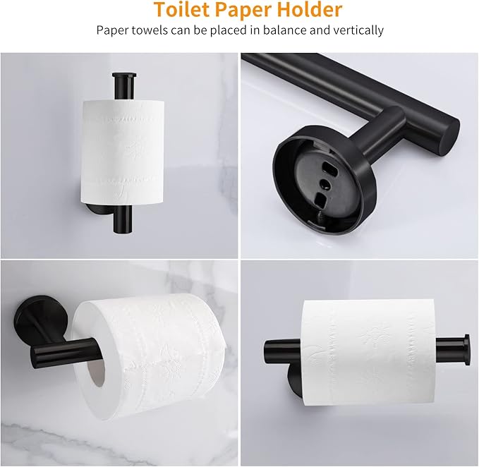 Cilee 8 Piece Matte Black Bathroom Hardware Set, 24inch Bathroom Towel bar+Towel Ring+Toilet Paper Holder+ Robe Towel Hook, SUS304 Stainless Steel Bathroom Accessory Set-NeatNest