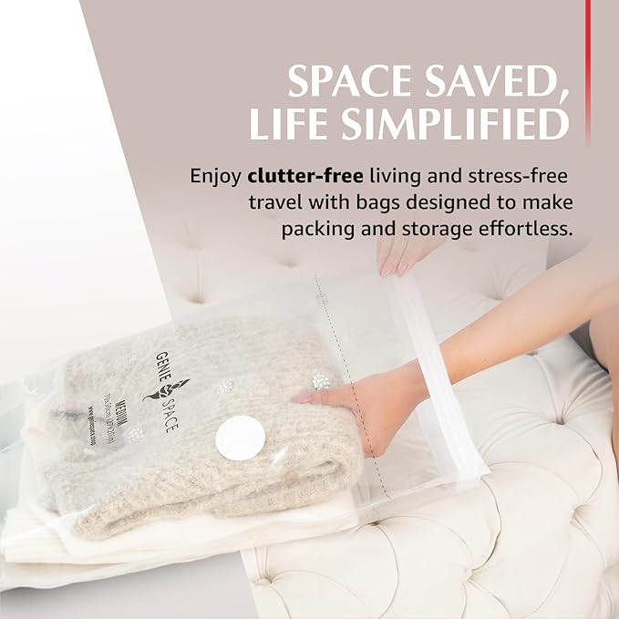 GENIE SPACE Small Vacuum Storage Bags - Pack of 6, 24x16in | Compact Size & Strong Space Saving Bags | Premium Airtight & Reusable Vacuum Bag for T-Shirts, Underwear, Towels & More | inc Travel Pump-NeatNest