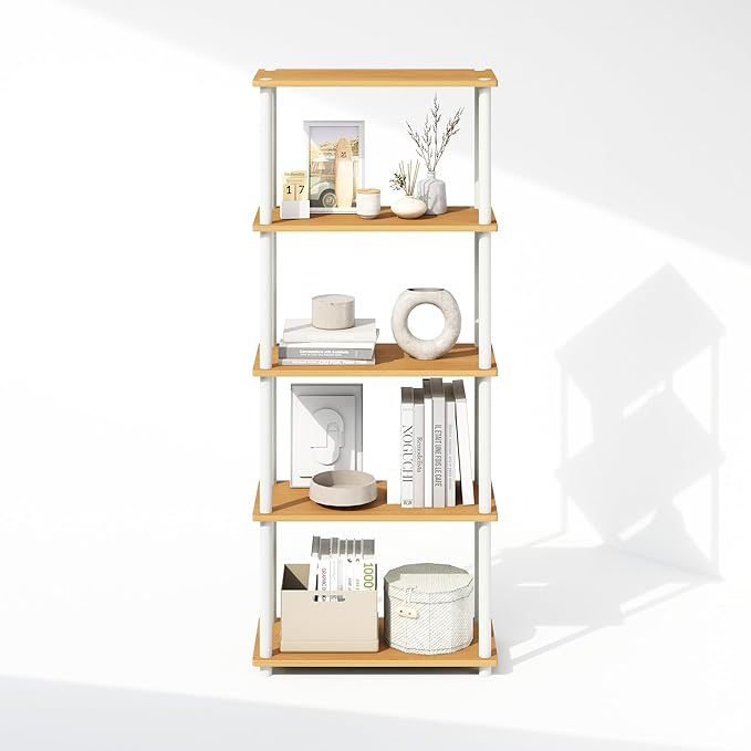 Furinno Turn-N-Tube 5-Tier Multipurpose Compact Bookcase, Beech/White-NeatNest
