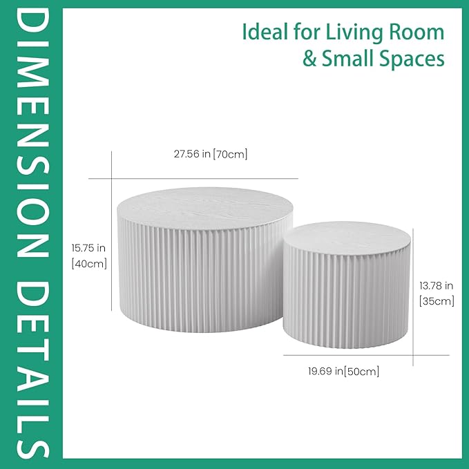 Round Nesting Coffee Table Set 2 Piece, Drum Modern DrumStackable Side Table for Living Room/Bedroom Small, Space-Saving Accent Furniture with Scratch-Resistant Design (B White 27.56 in)