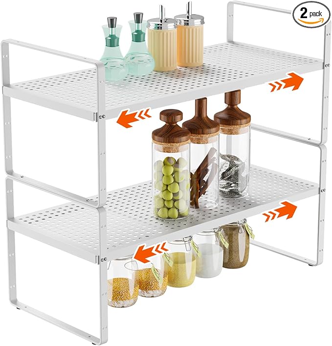2Pack 16.5-27’’L Expandable Stackable Cabinet Shelves, Adjustable Spice Rack Cabinet Shelf Organizer for Kitchen, Countertop, Pantry and Cupboard, White-NeatNest